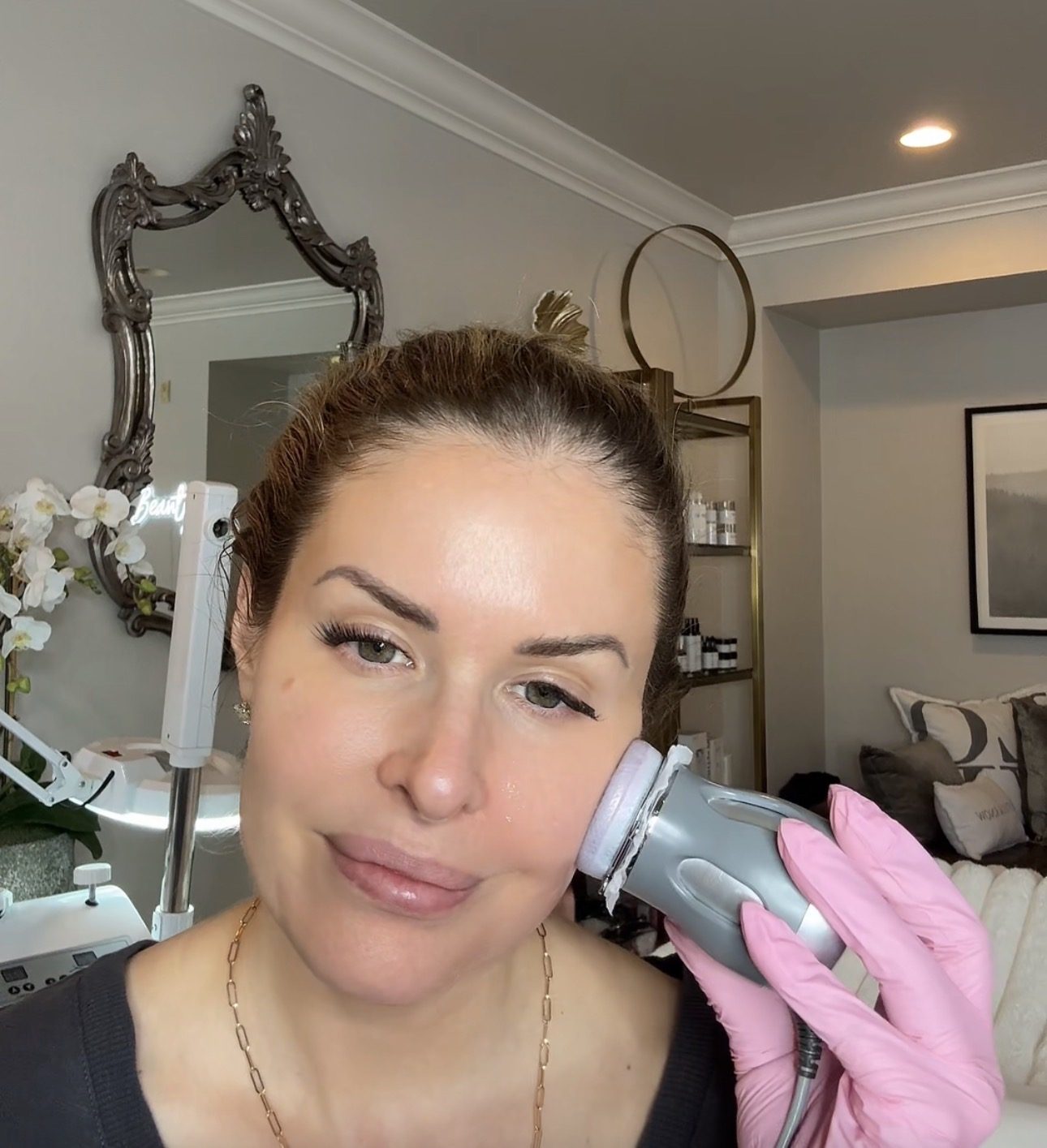 Microcurrent handpiece used during a V-Lift Electro Facelift treatment at The Skincare Boutique