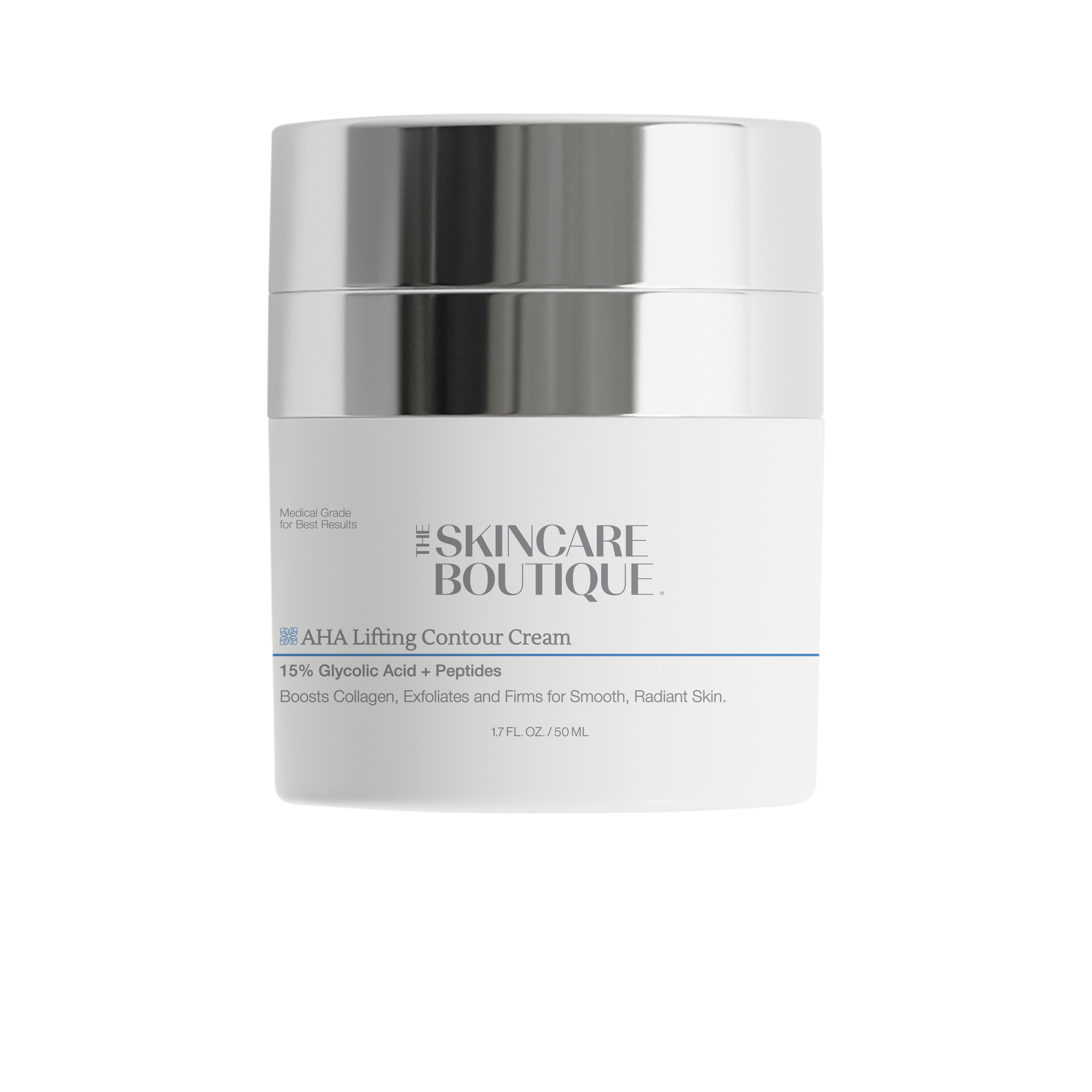 A white cosmetic cream jar with a reflective silver lid from The Skincare Boutique, labeled 'AHA Lifting Contour Cream' on a clean white background.