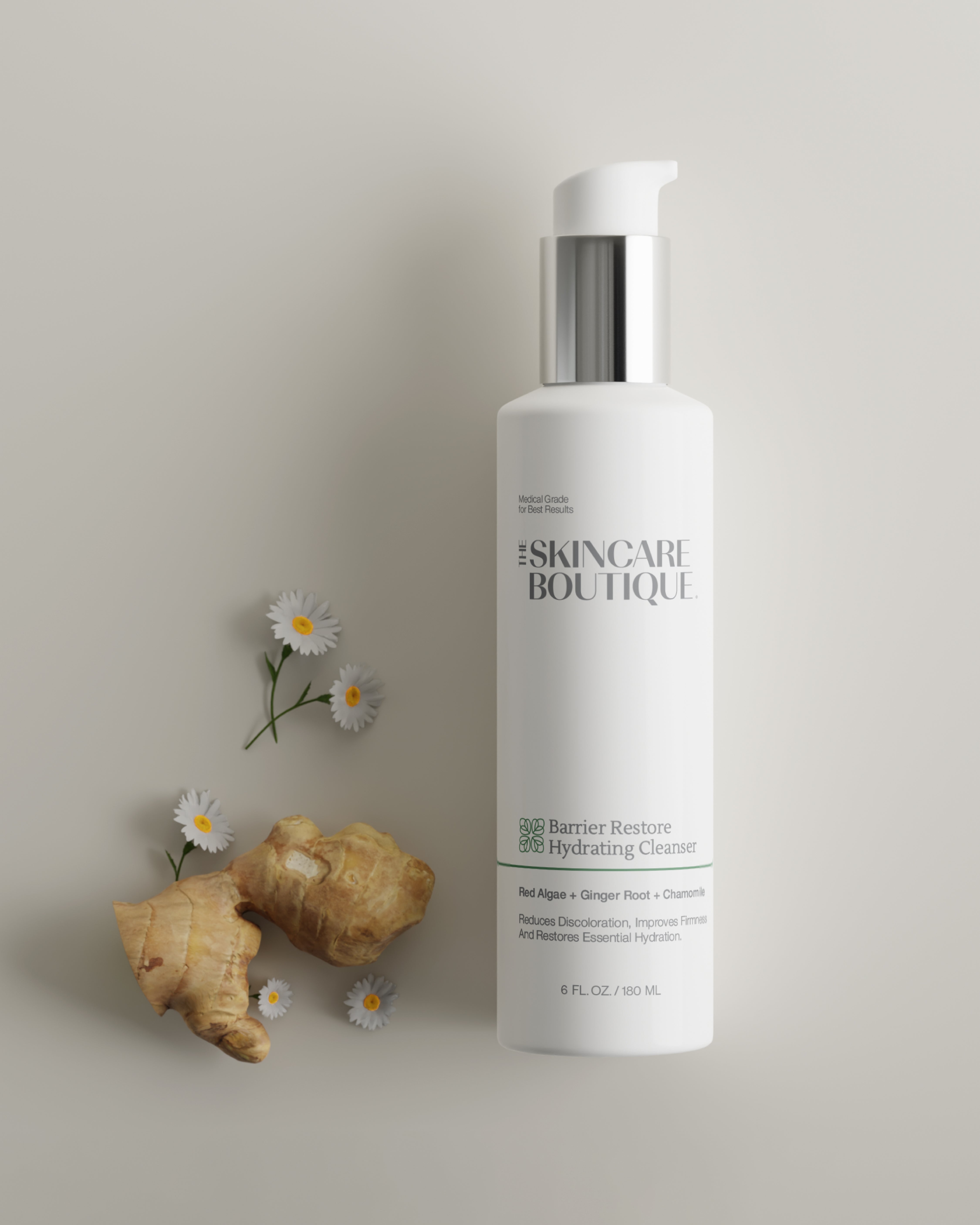 Soul Skin Gel Cleanser bottle with ginger root and flowers on a neutral background