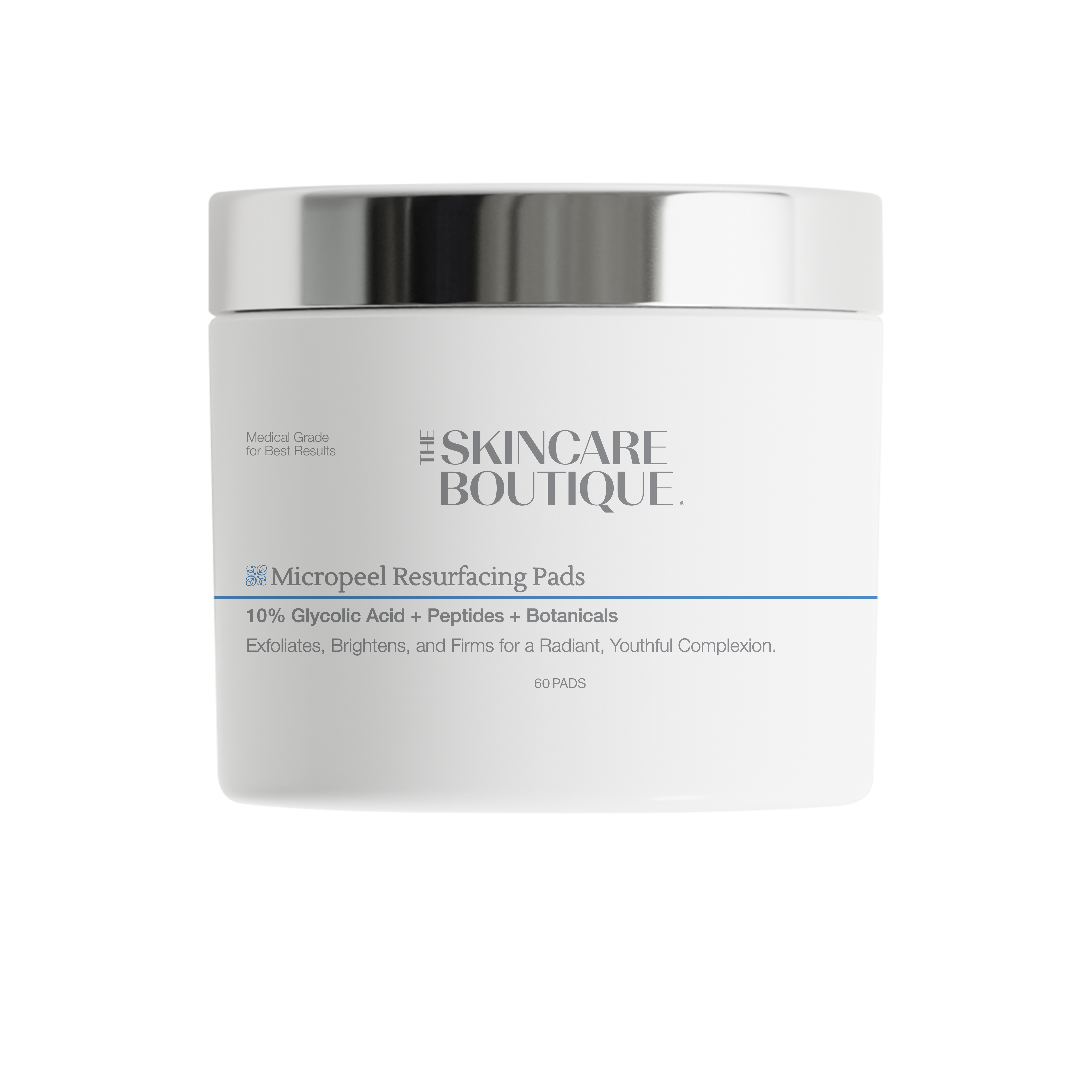 A white cosmetic jar with a reflective silver lid, labeled 'The Skincare Boutique Micpeel Resurfacing Pads' on a clean white background.