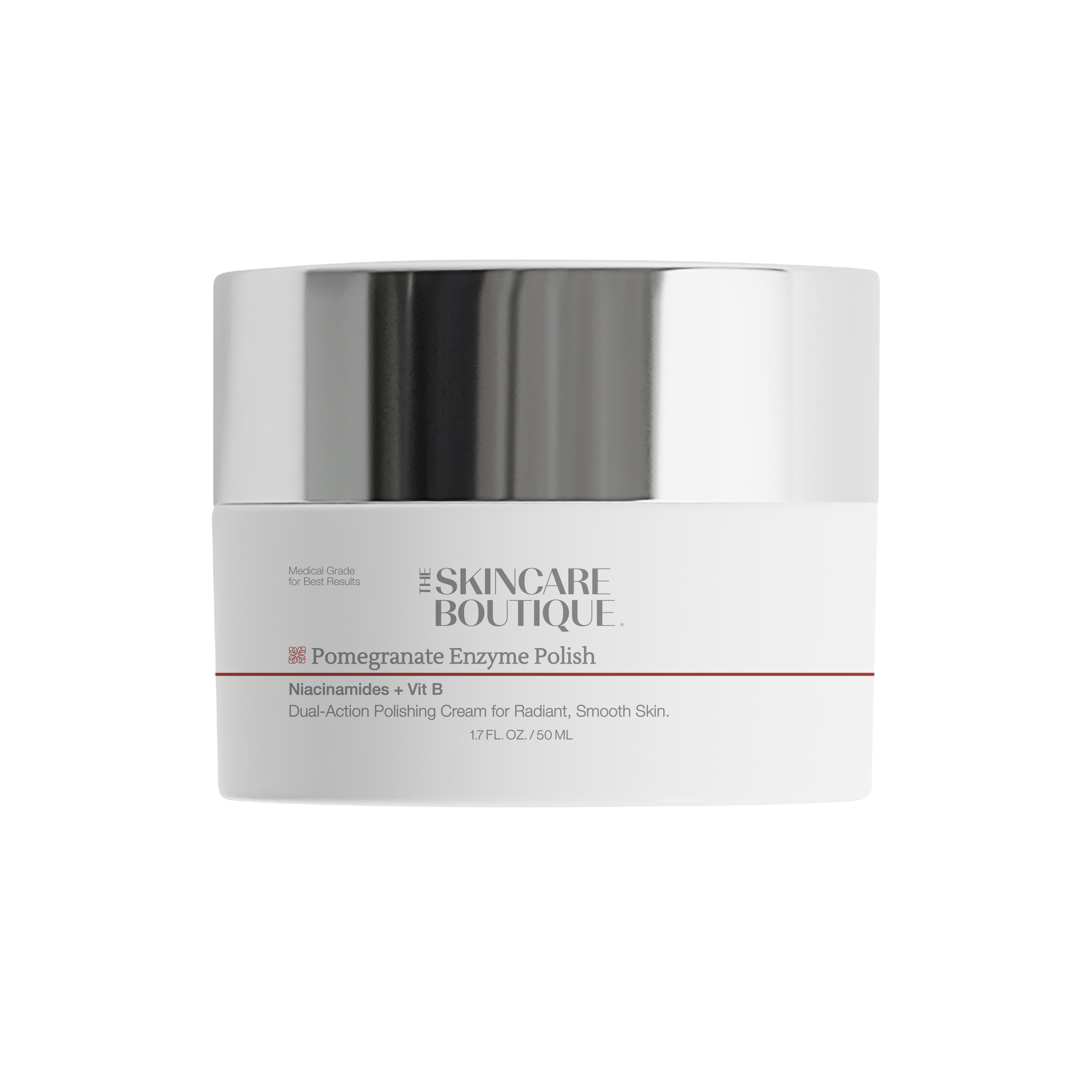 A white cosmetic jar with a reflective silver lid from Skincare Boutique, labeled 'Pomegranate Enzyme Polish'.