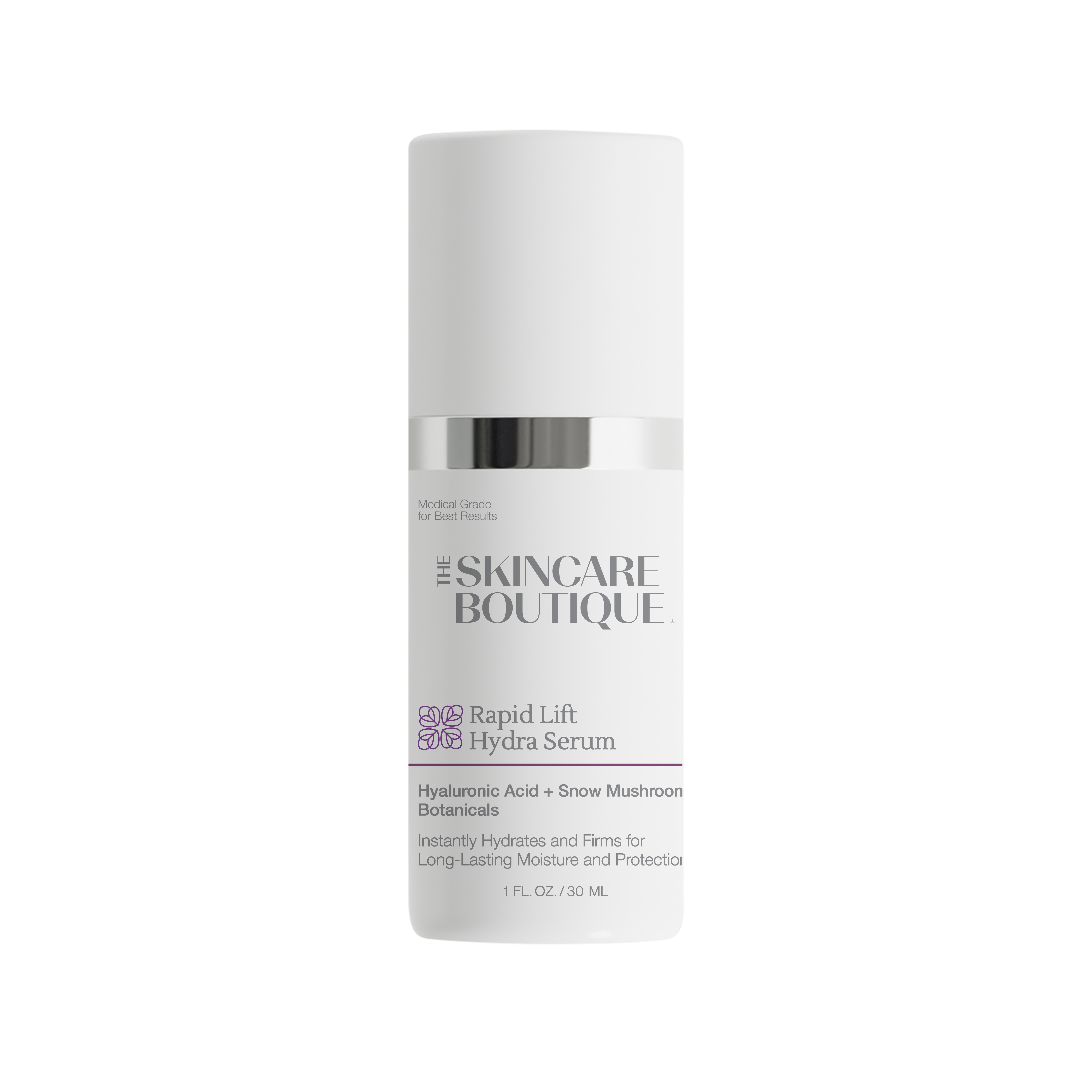 A white cylindrical bottle of The Skincare Boutique Rapid Lift Hydra Serum with a silver metallic band and black text, centered on a plain white background.
