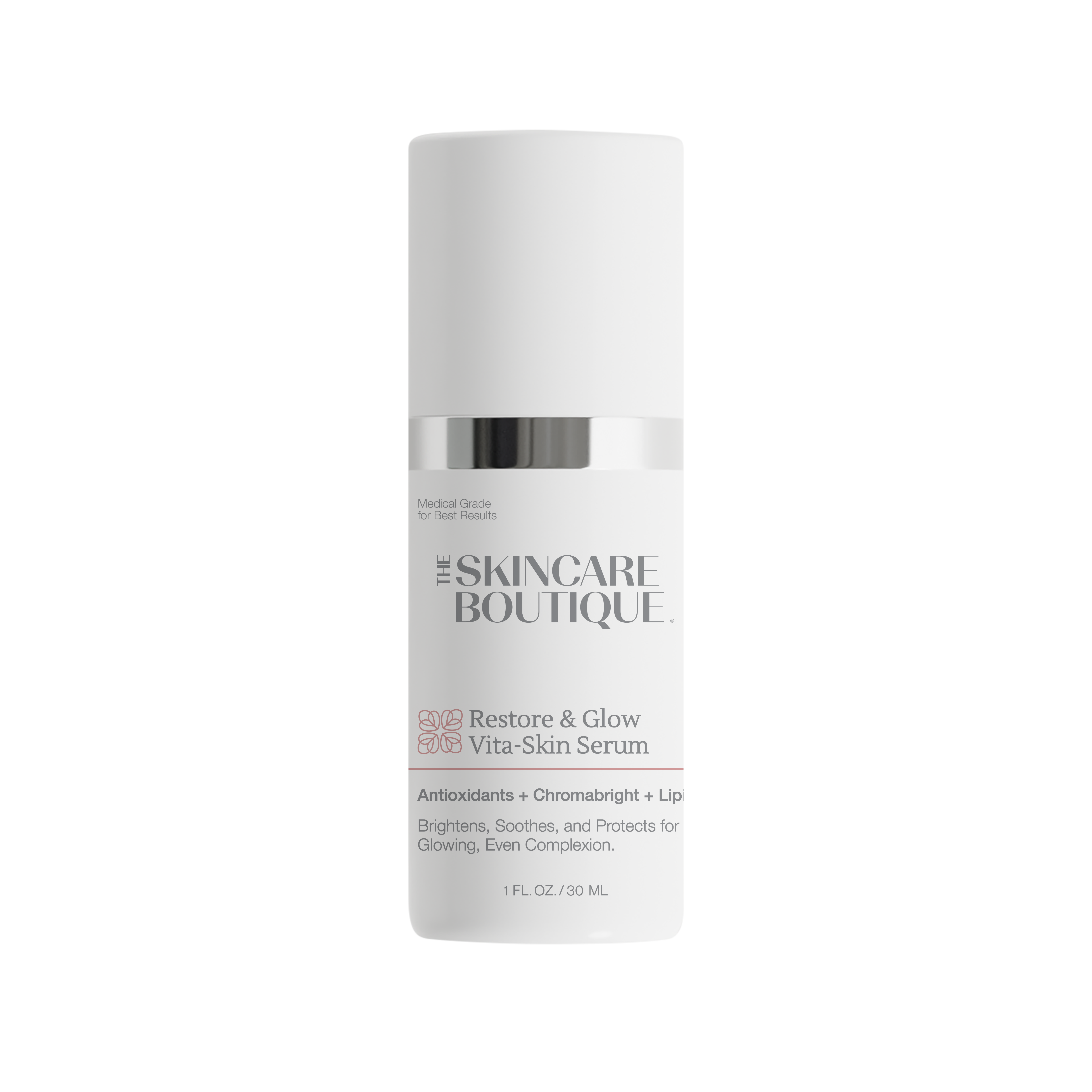 A white cylindrical bottle of The Skincare Boutique Restore & Glow Vita-Skin Serum with a silver metallic band and black text, centered on a plain white background.
