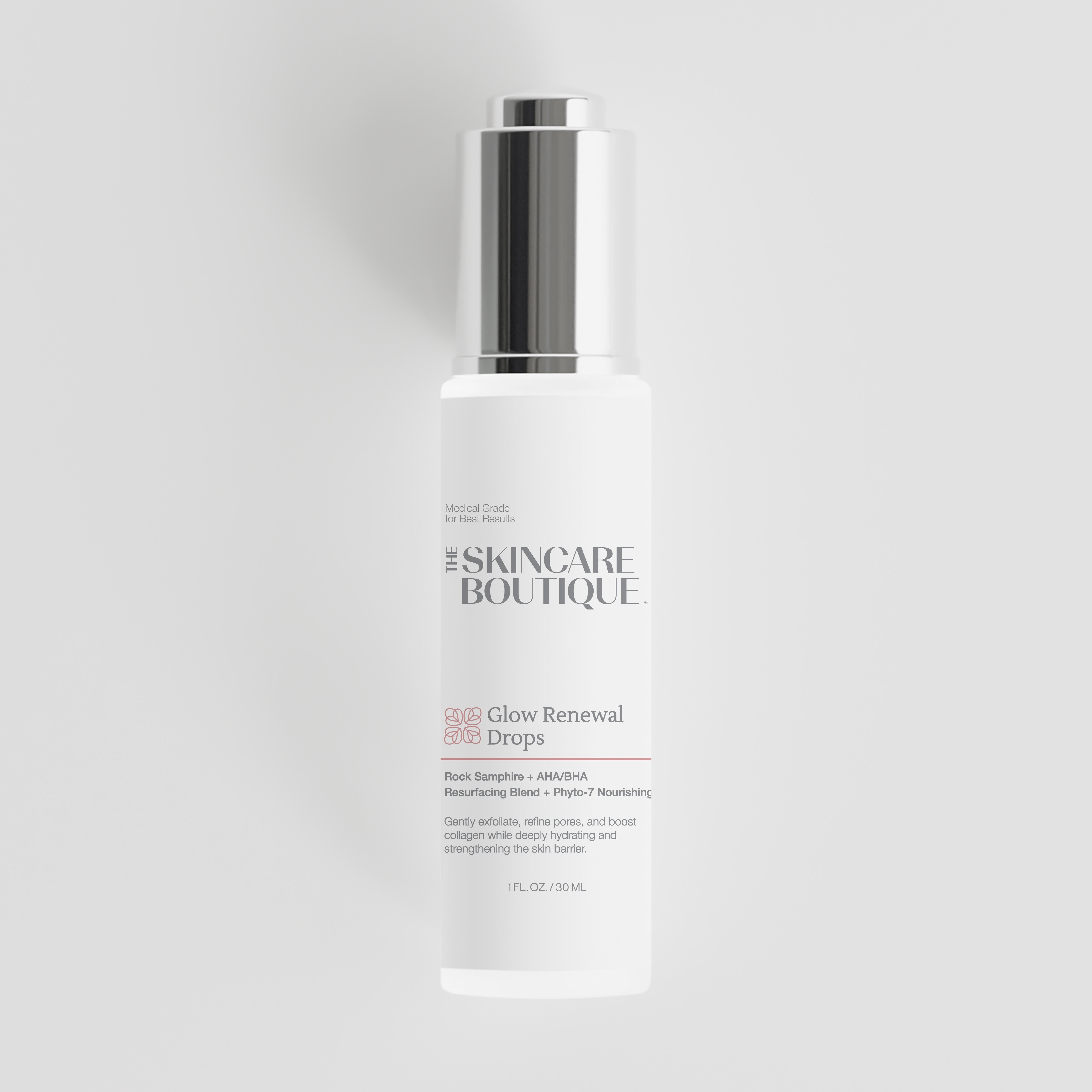 A skincare bottle labeled 'The Skincare Boutique Glow Renewal Drops' with a white body and reflective silver cap, centered on a light gray background.
