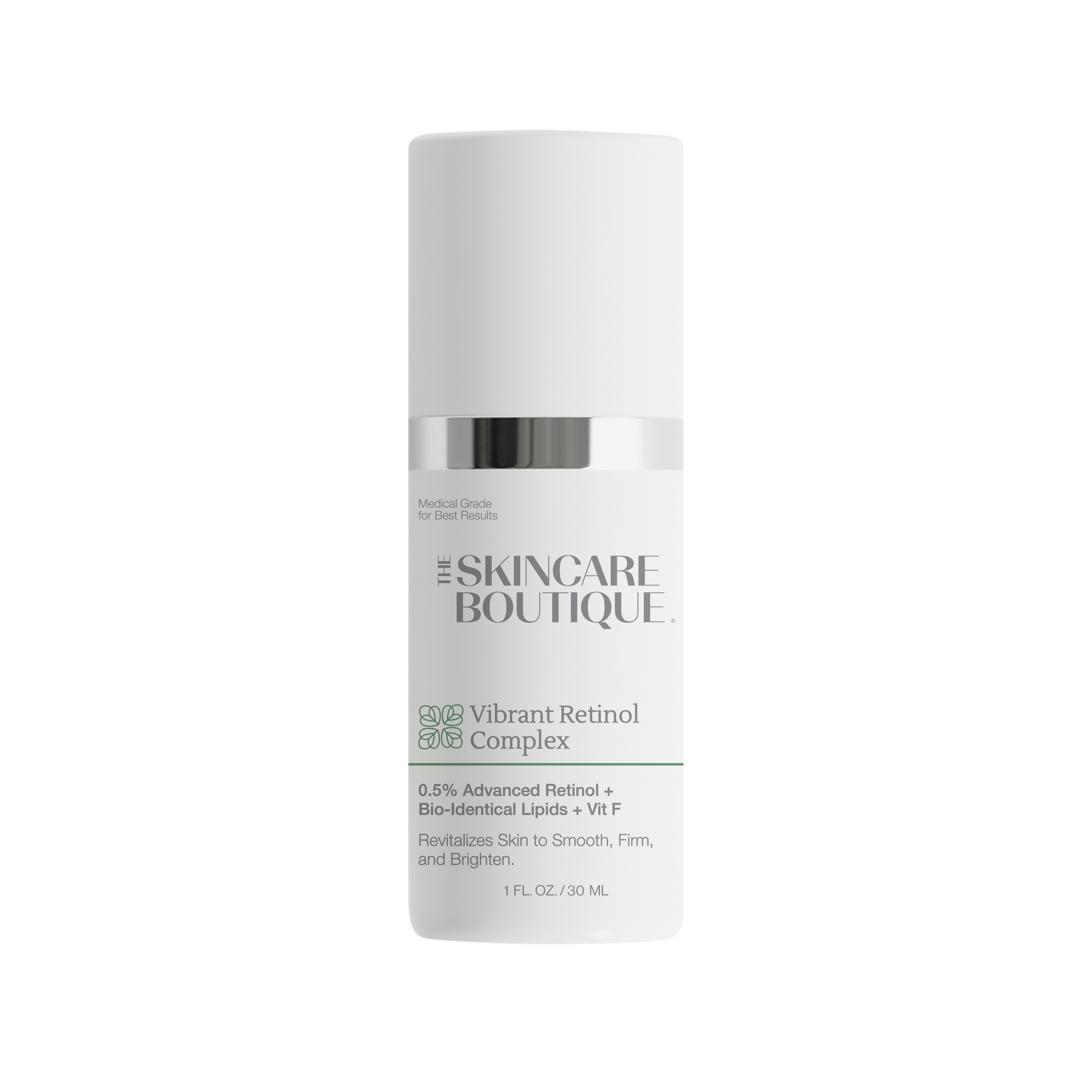 A white cylindrical skincare bottle with a silver metallic band near the top, labeled 'The Skincare Boutique Vibrant Retinol Complex' on a clean white background.