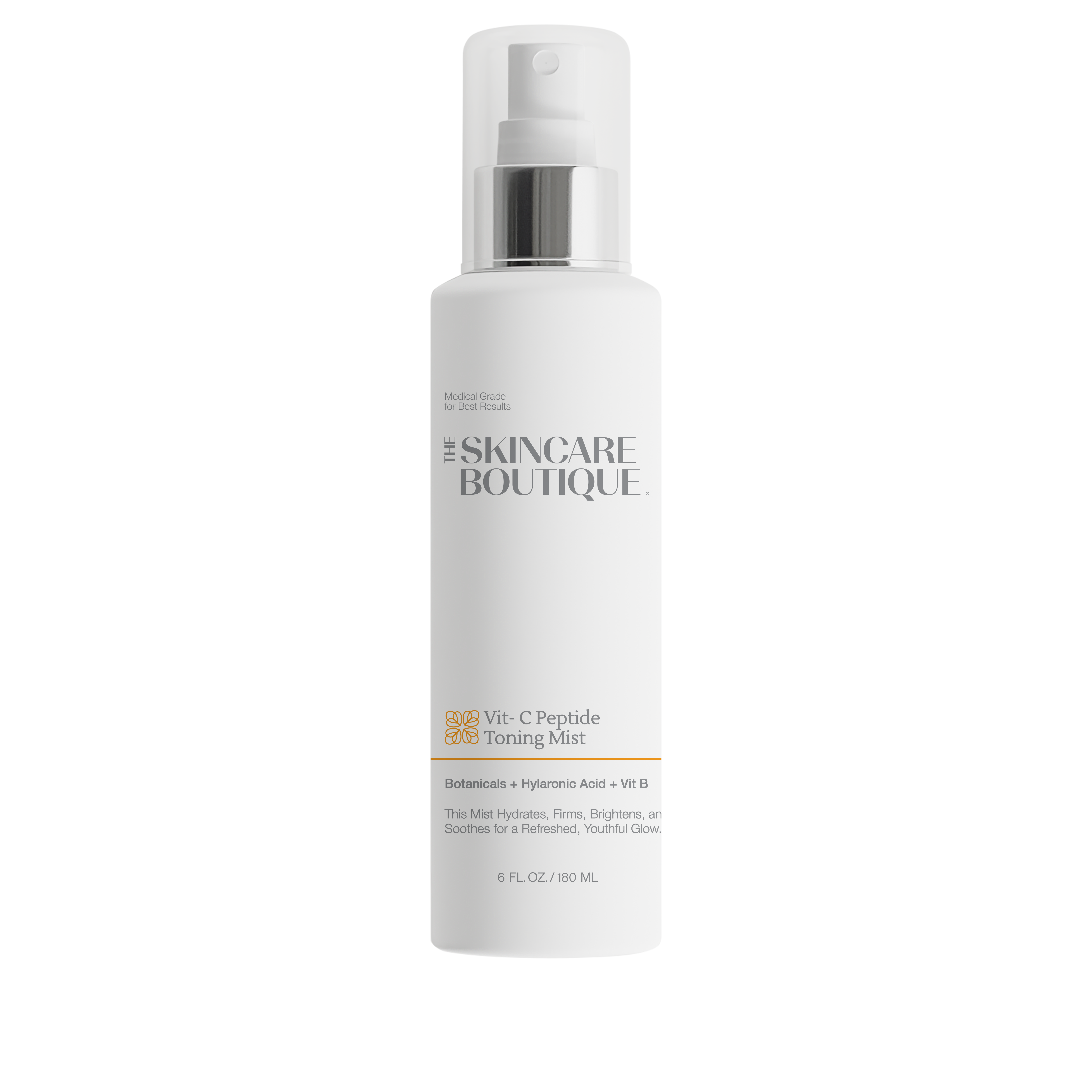 The Skincare Boutique Vit C Peptide Toning Mat in a white pump bottle with a silver collar, on a solid white background.