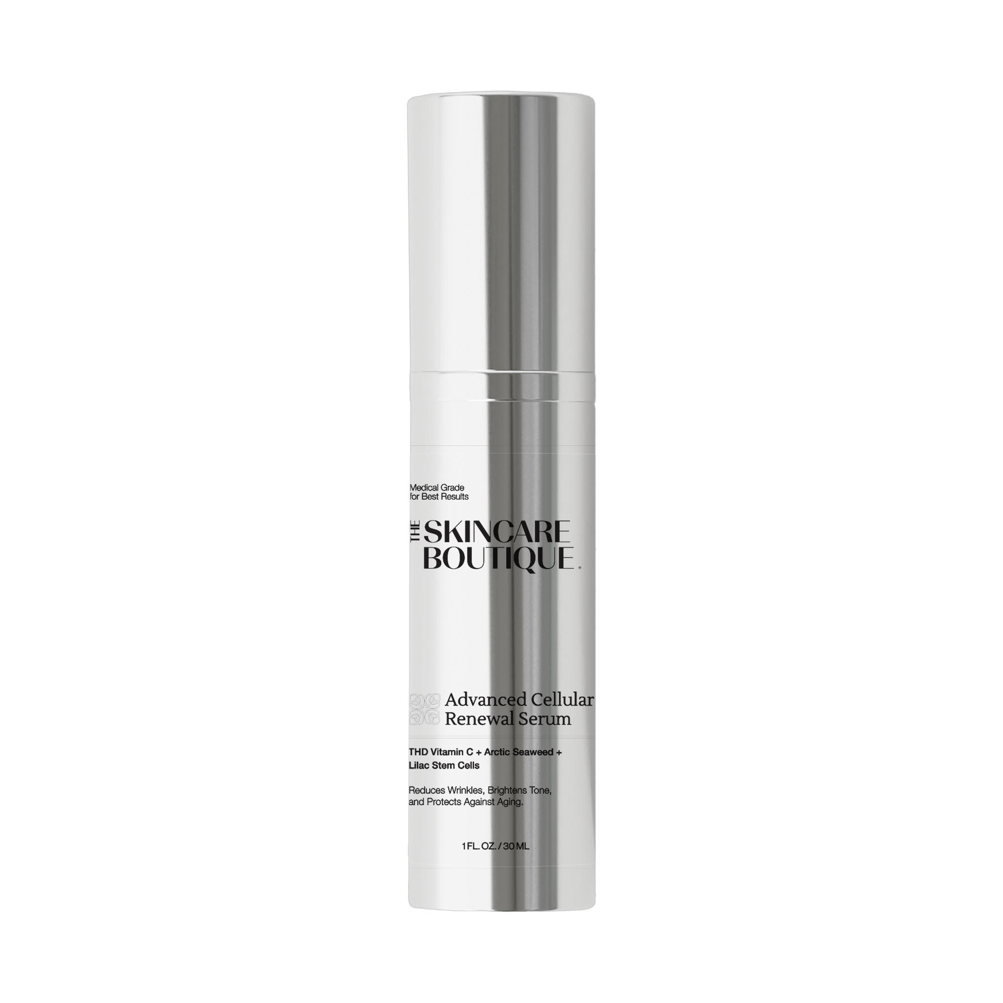 Skincare Boutique Advanced Cellular Renewal Serum in a sleek, reflective silver cylindrical bottle against a solid white background.