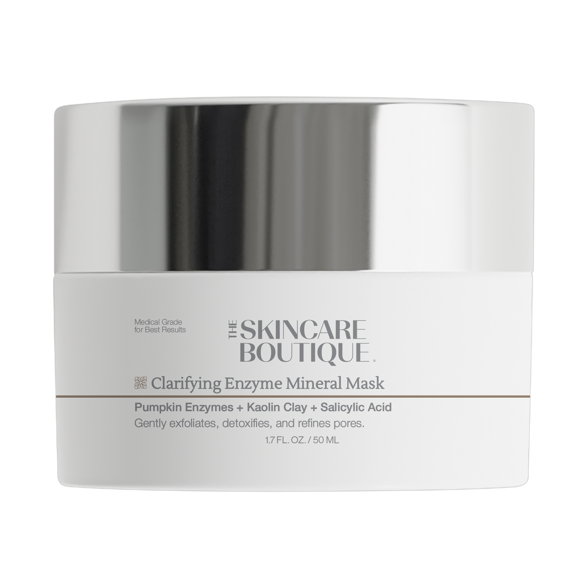 The Skincare Boutique Clarifying Enzyme Mineral Mask in a white jar with a reflective silver lid, shown against a plain white background.