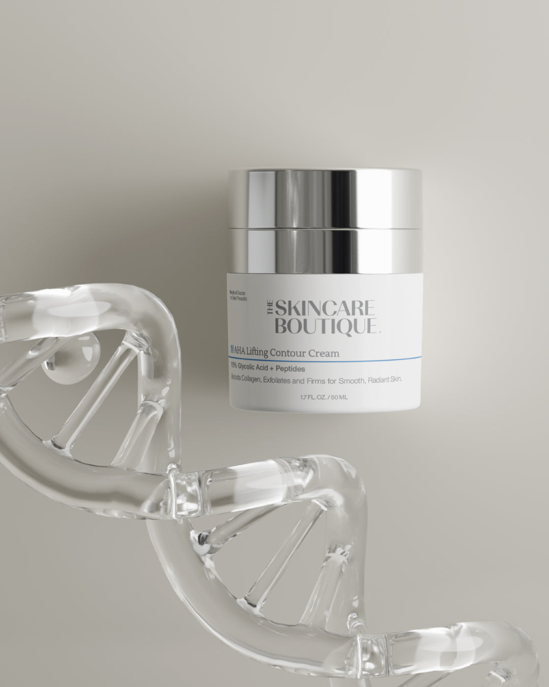 A white cosmetic cream jar with a reflective silver lid, labeled 'The Skincare Boutique' and 'DNA Lifting Contour Cream', set against a warm gray background with a clear glass DNA double helix sculpture in the foreground.