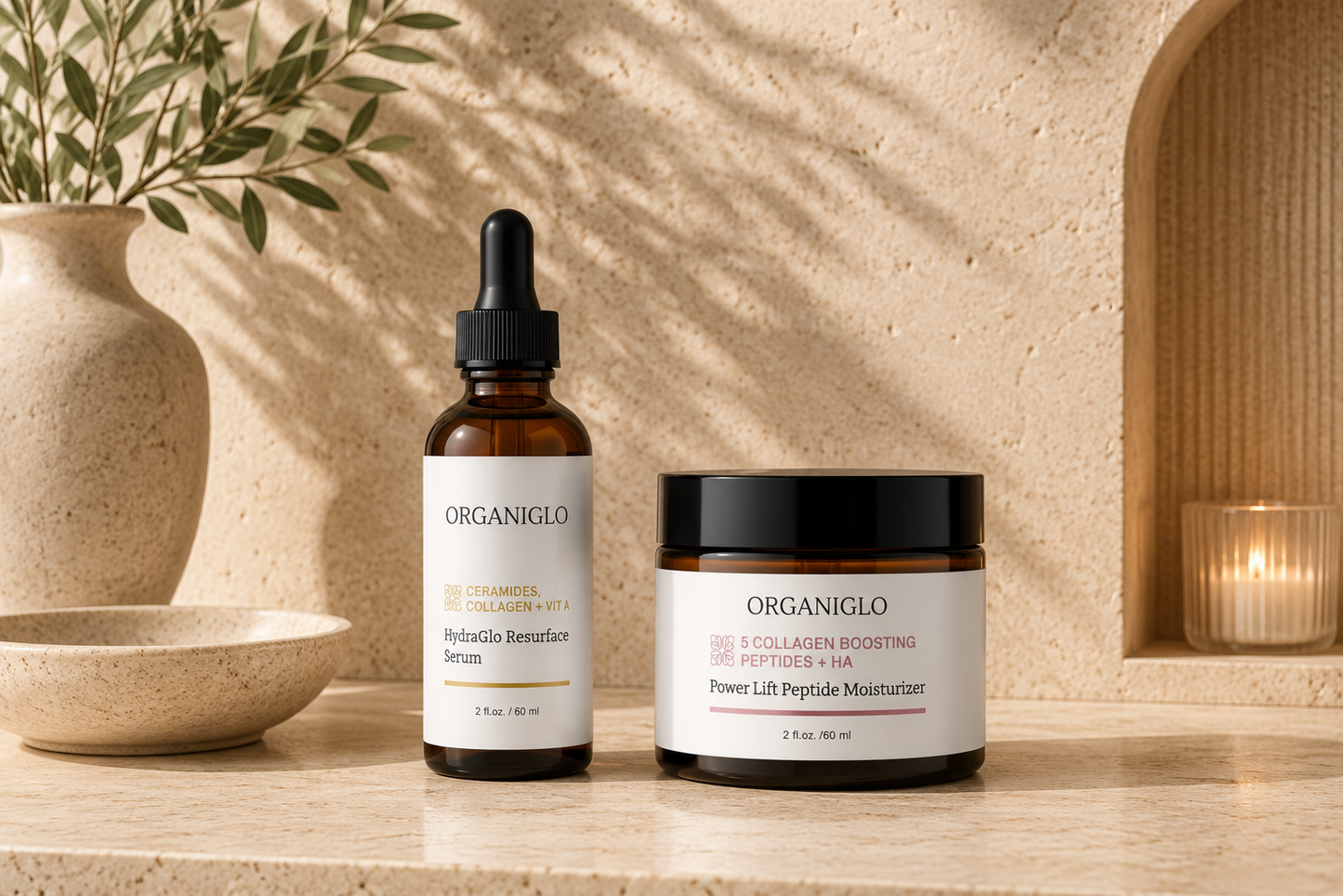 resurfacing serum and peptide moisturizer on a marble ledge