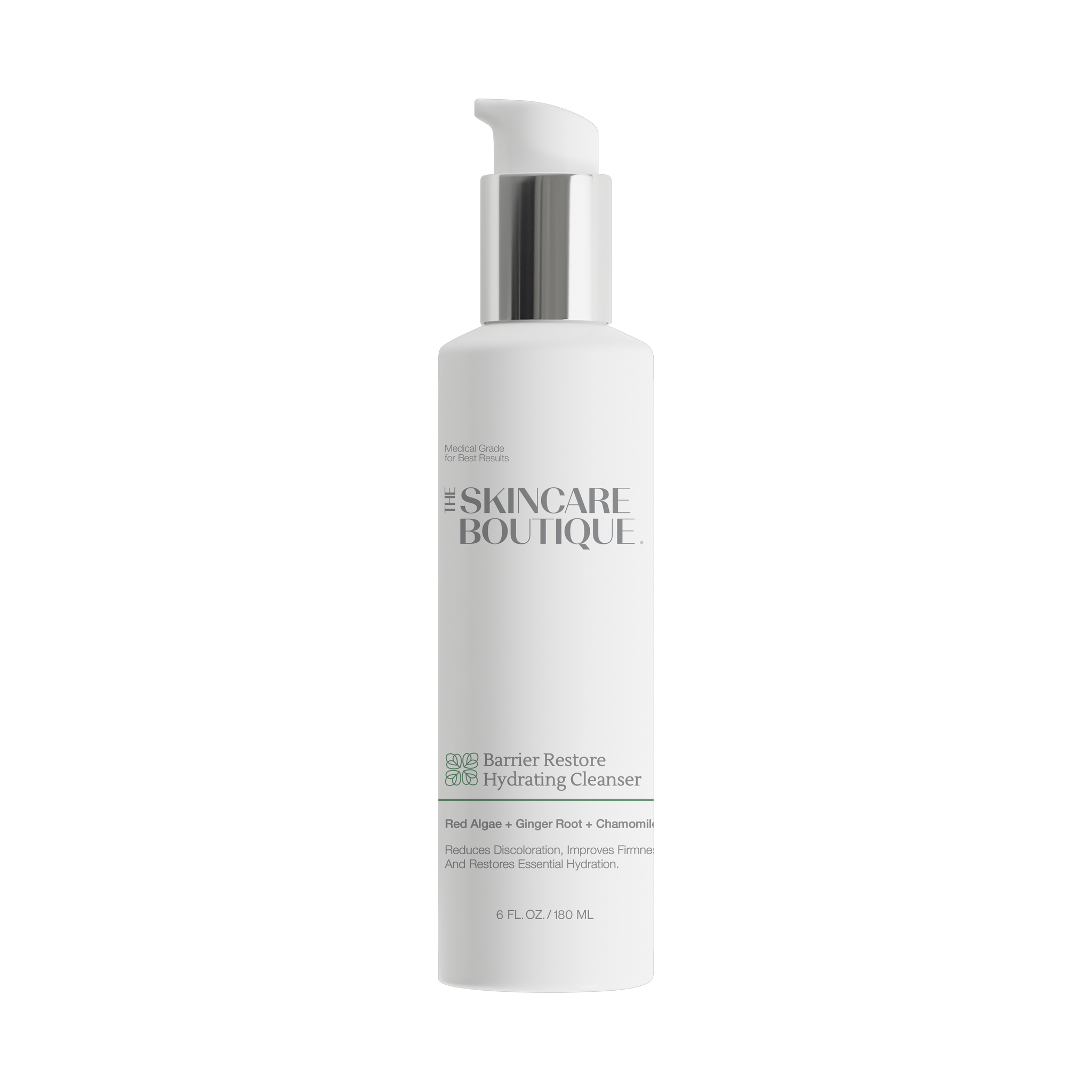 A white skincare pump bottle with a metallic silver pump collar and a white flip-top cap. The label reads 'THE SKINCARE BOUTIQUE' and 'Barrier Restore BB3 Hydrating Cleanser'.