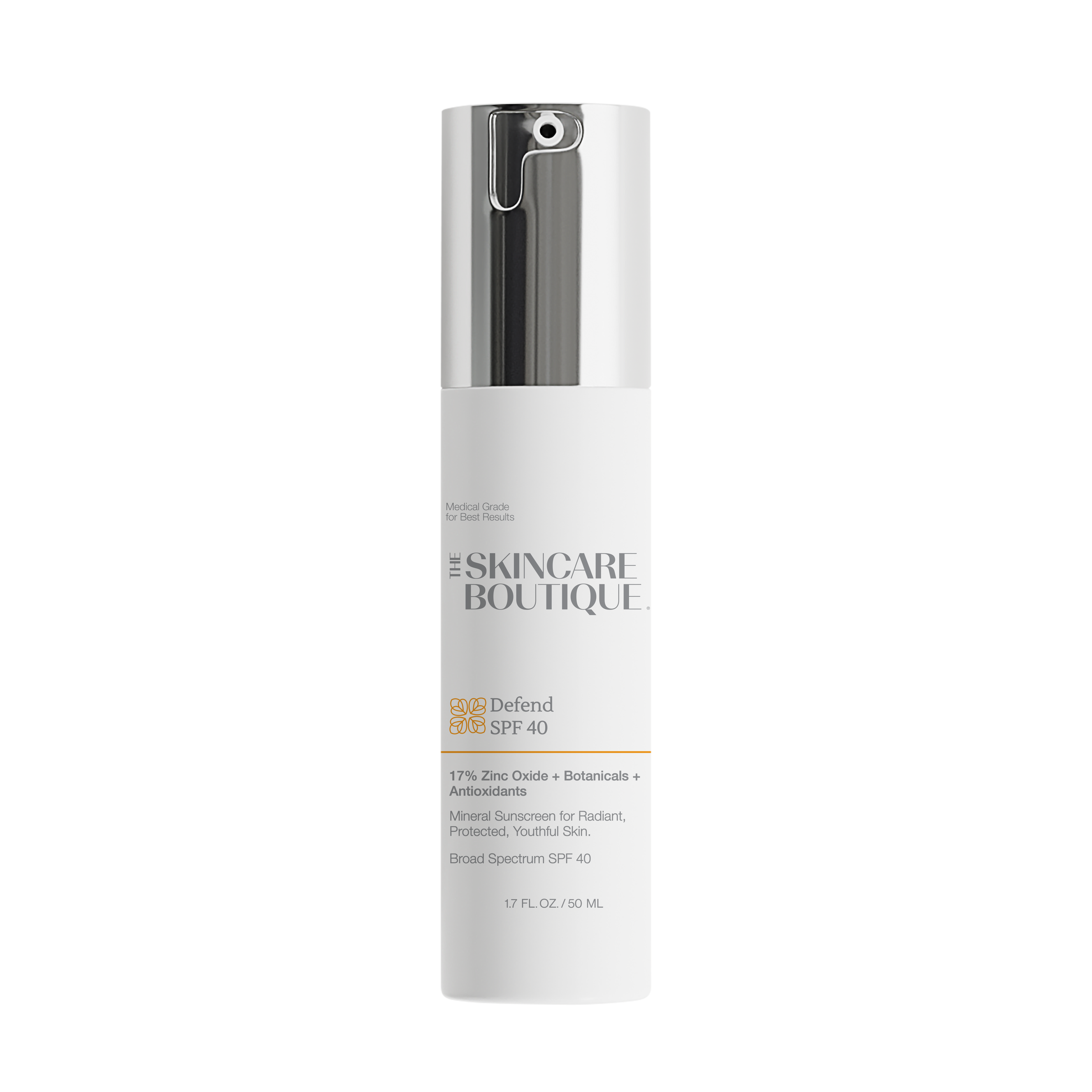 A white cylindrical sunscreen bottle with a reflective silver pump dispenser, featuring the brand name 'The Skincare Boutique' and product name 'Defend SPF 40' printed on the front, set against a plain white background.