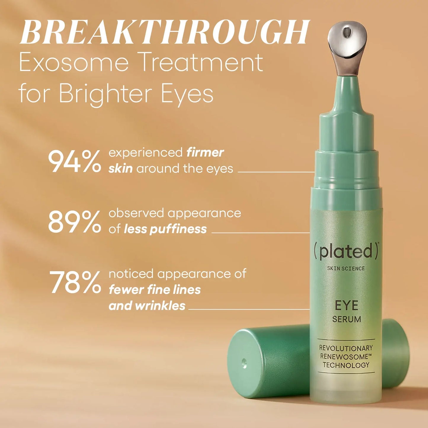 Plated Eye Serum bottle with text on a beige background