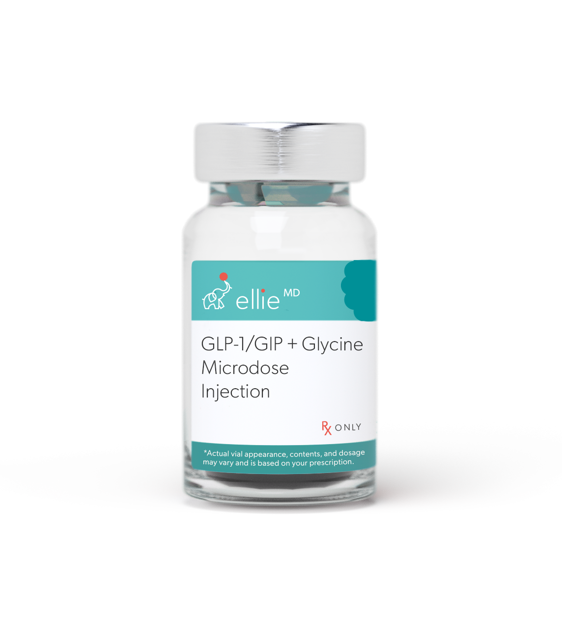 Vial labeled 'GLP-1/GIP + Glycine Microdose Injection' by 'ellie MD' on a white background