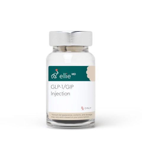 Vial labeled 'ellie MD GLP-1/GIP Injection' on a white background