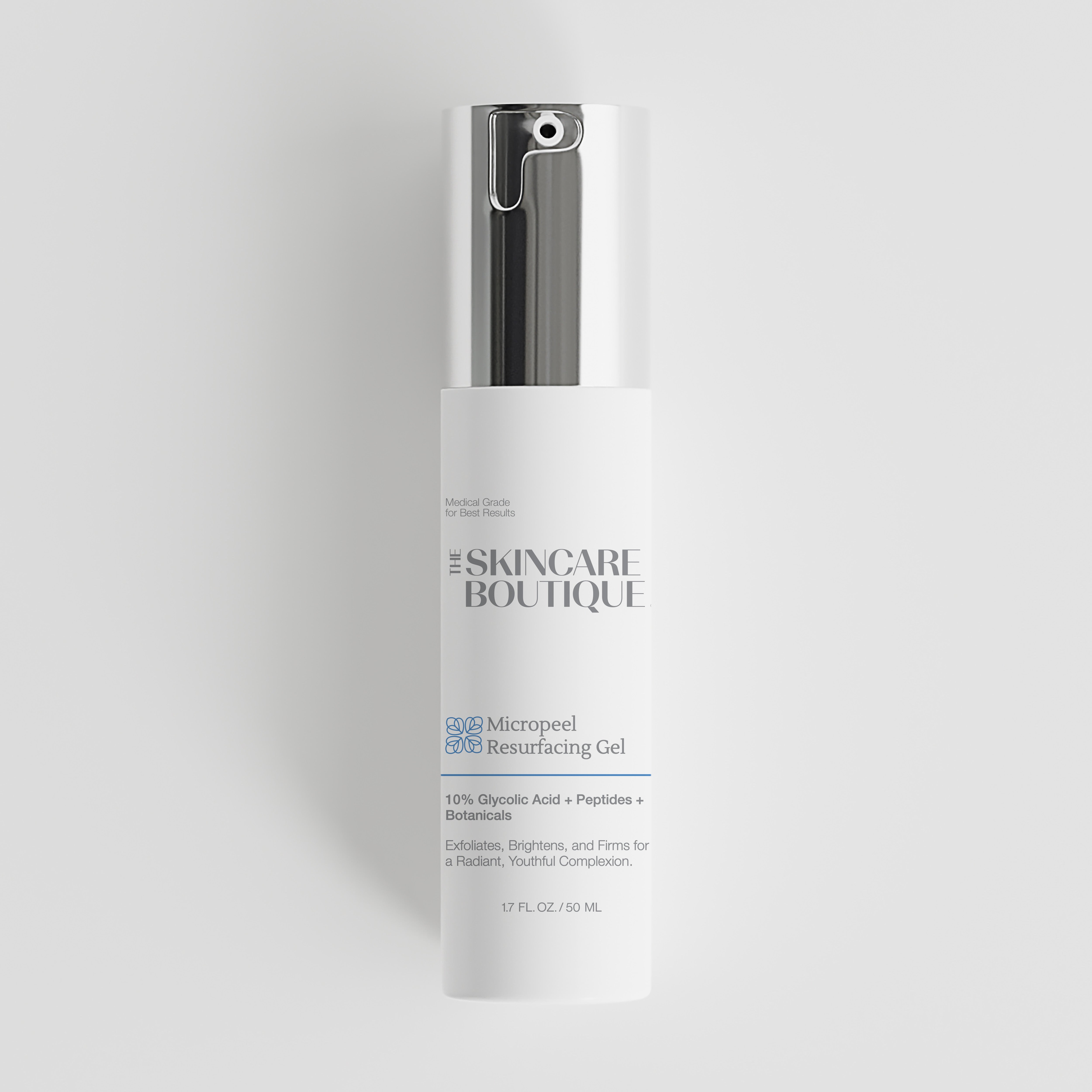 A 17 fl oz white skincare pump bottle with a metallic silver cap, labeled 'The Skincare Boutique Micropeel Resurfacing Gel', centered on a light gray background.