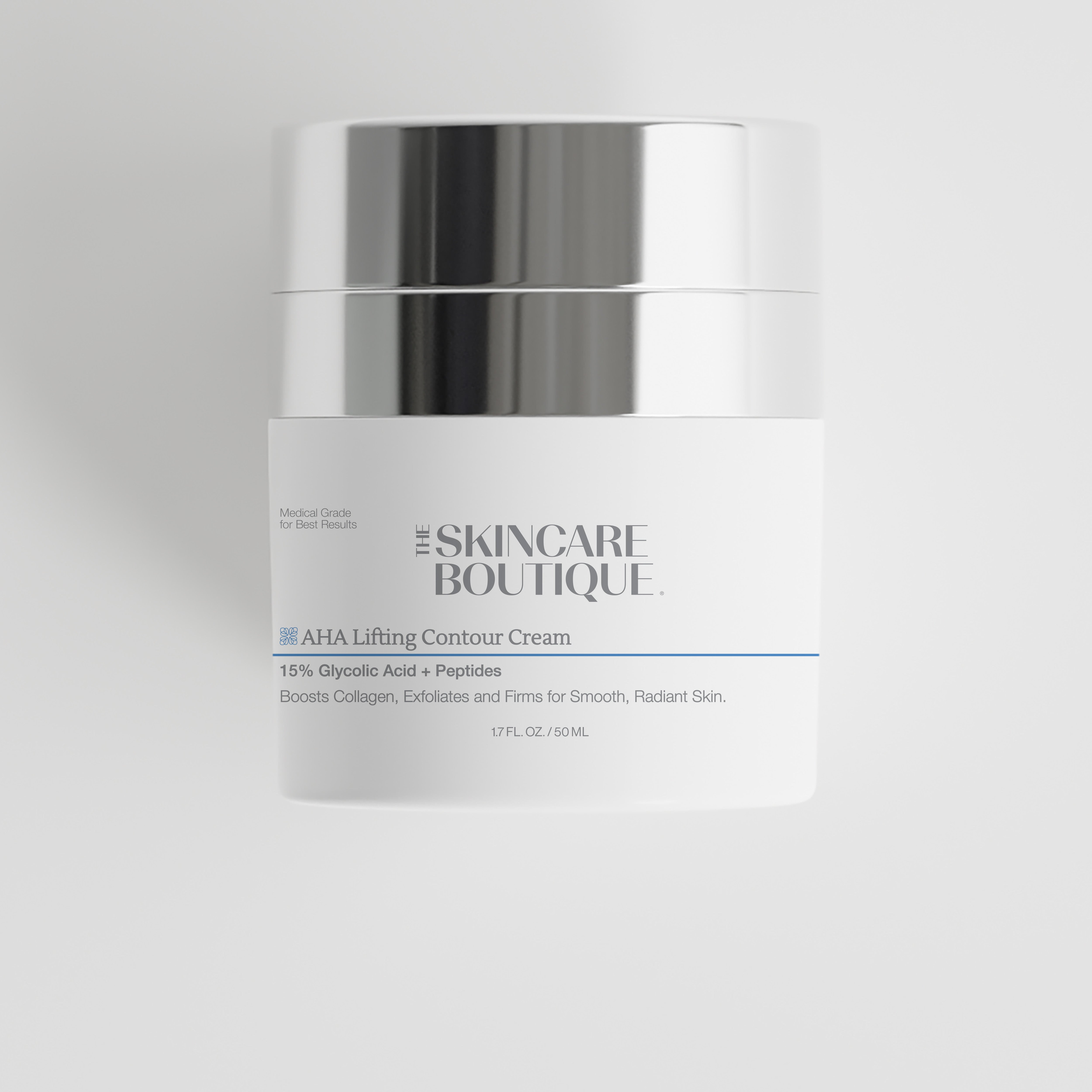 A white cosmetic cream jar with a reflective silver lid, labeled 'The Skincare Boutique AHA Lifting Contour Cream' on a light gray background.