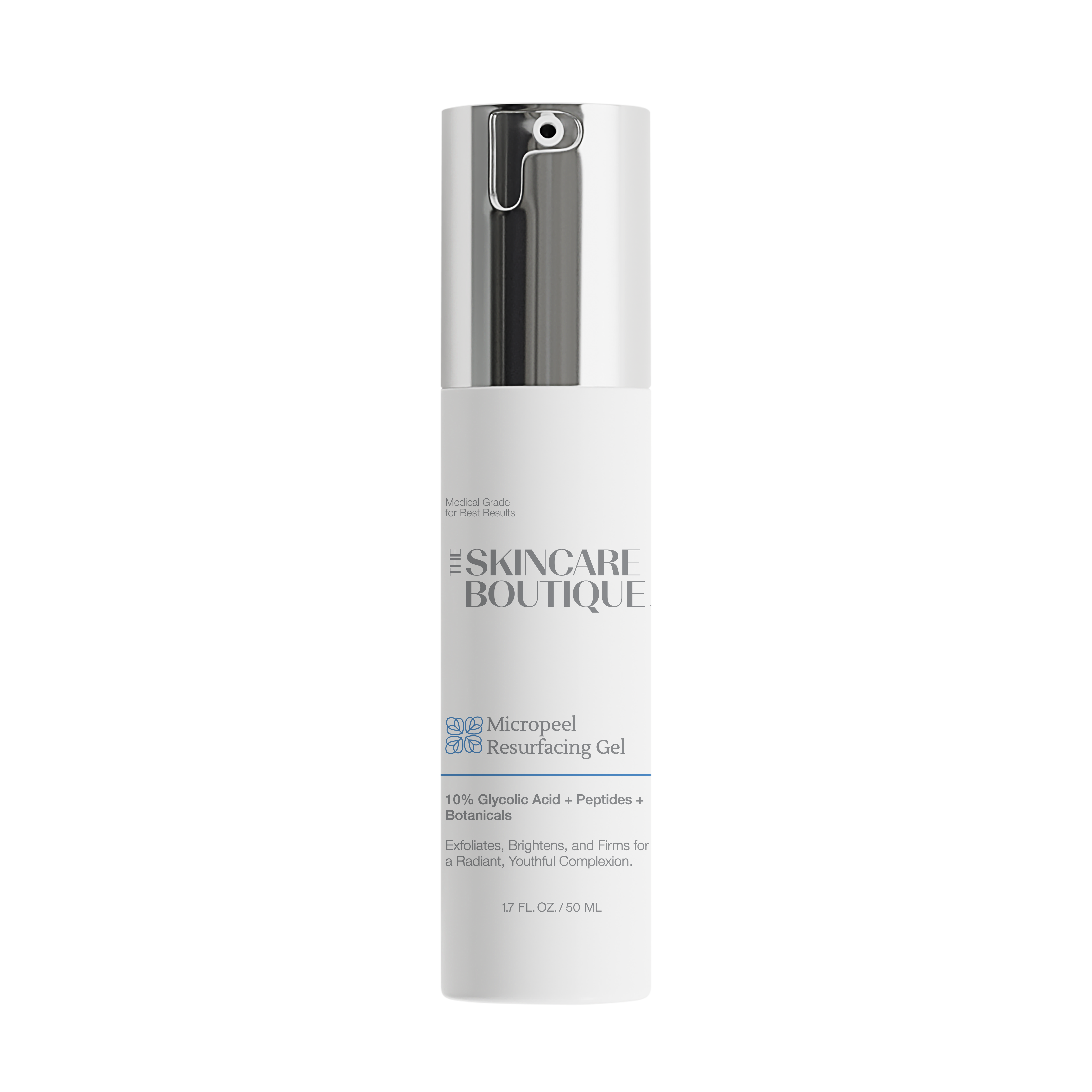 A tall white skincare pump bottle with a reflective silver cap, labeled 'The Skincare Boutique' and 'Micropel 293 Resurfacing Gel', centered on a plain white background.
