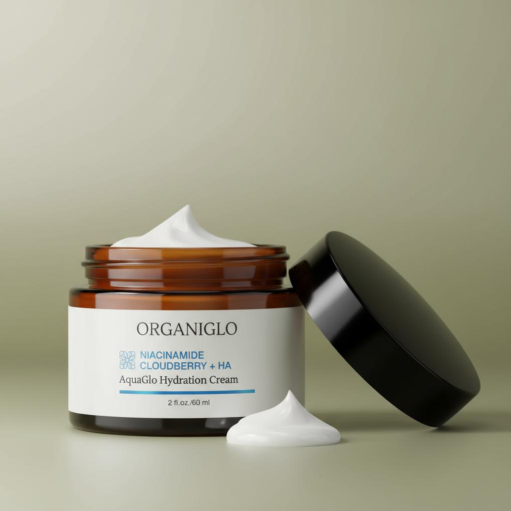 Organiglo AquaGlo Hydration Cream jar with open lid on a beige background