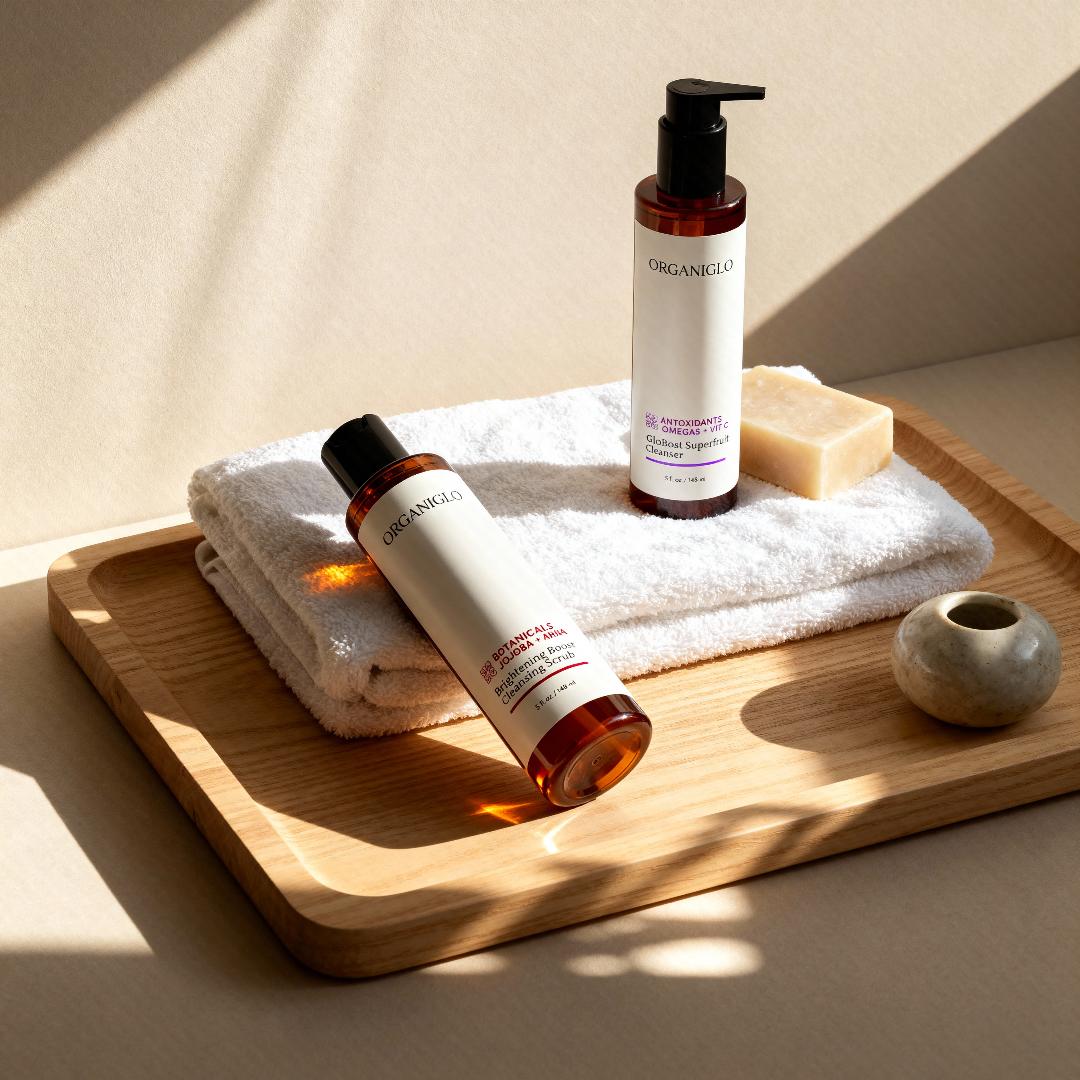 Bath products including bottles and a bar of soap on a wooden tray with a towel.