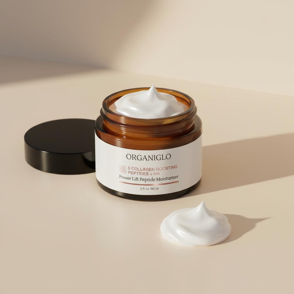 Organiglo skincare product with cream on a beige background