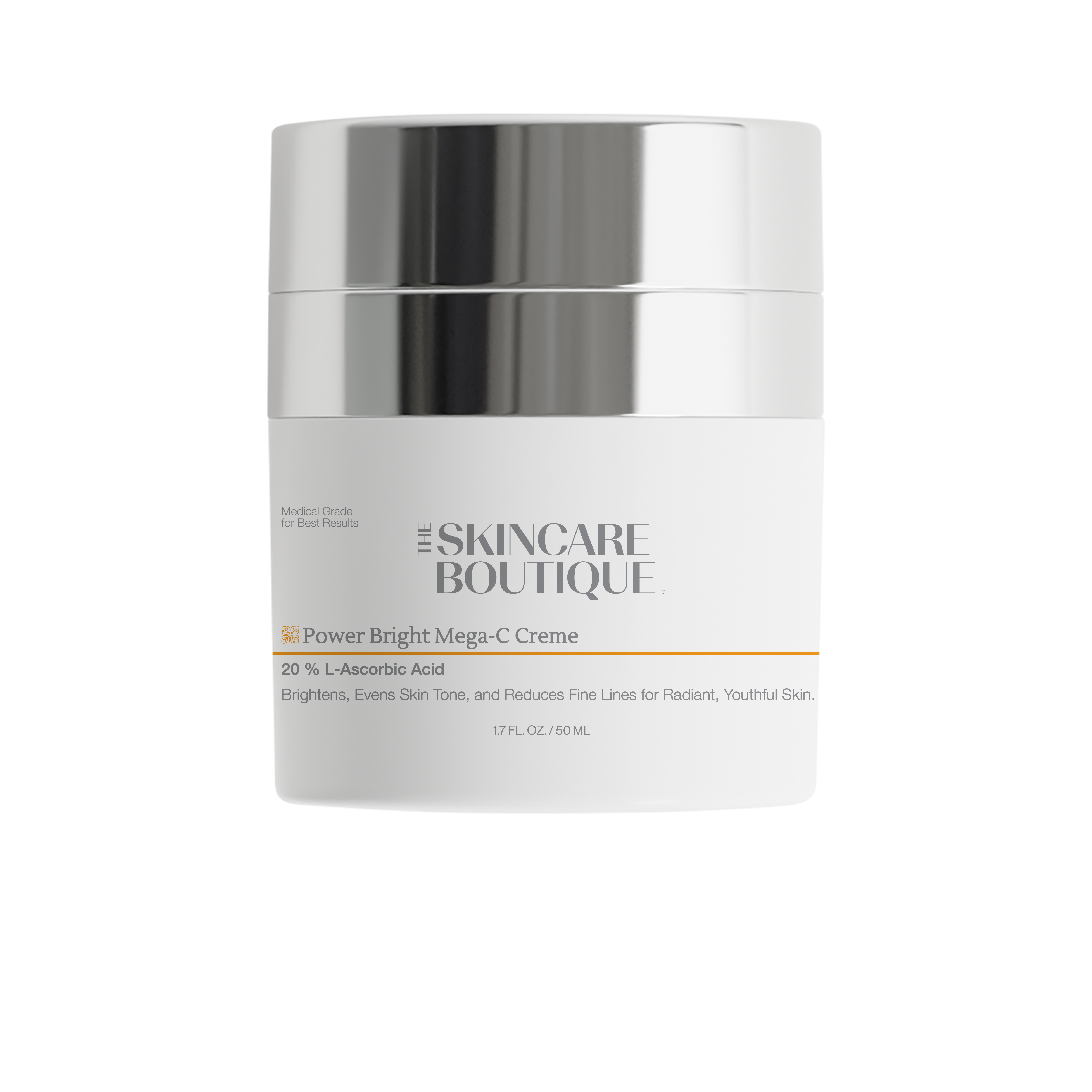 A white cosmetic jar with a reflective silver lid from The Skincare Boutique, labeled Power Bright Mega-C Creme, on a plain white background.