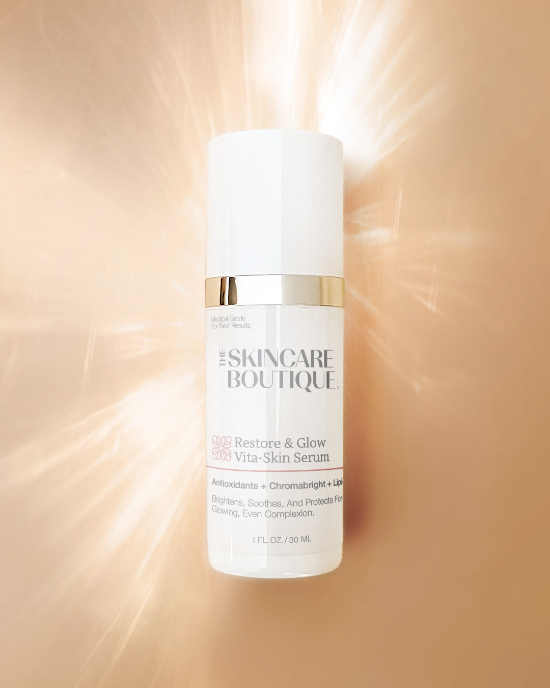 Skincare serum bottle with 'The Skincare Boutique' label on a beige background