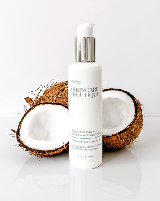 Skincare bottle labeled 'Skincare Boutique' with two coconuts on a white background