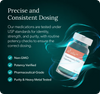 Bottle of Tesamorelin/KPV injection with text about precise and consistent dosing on a dark background
