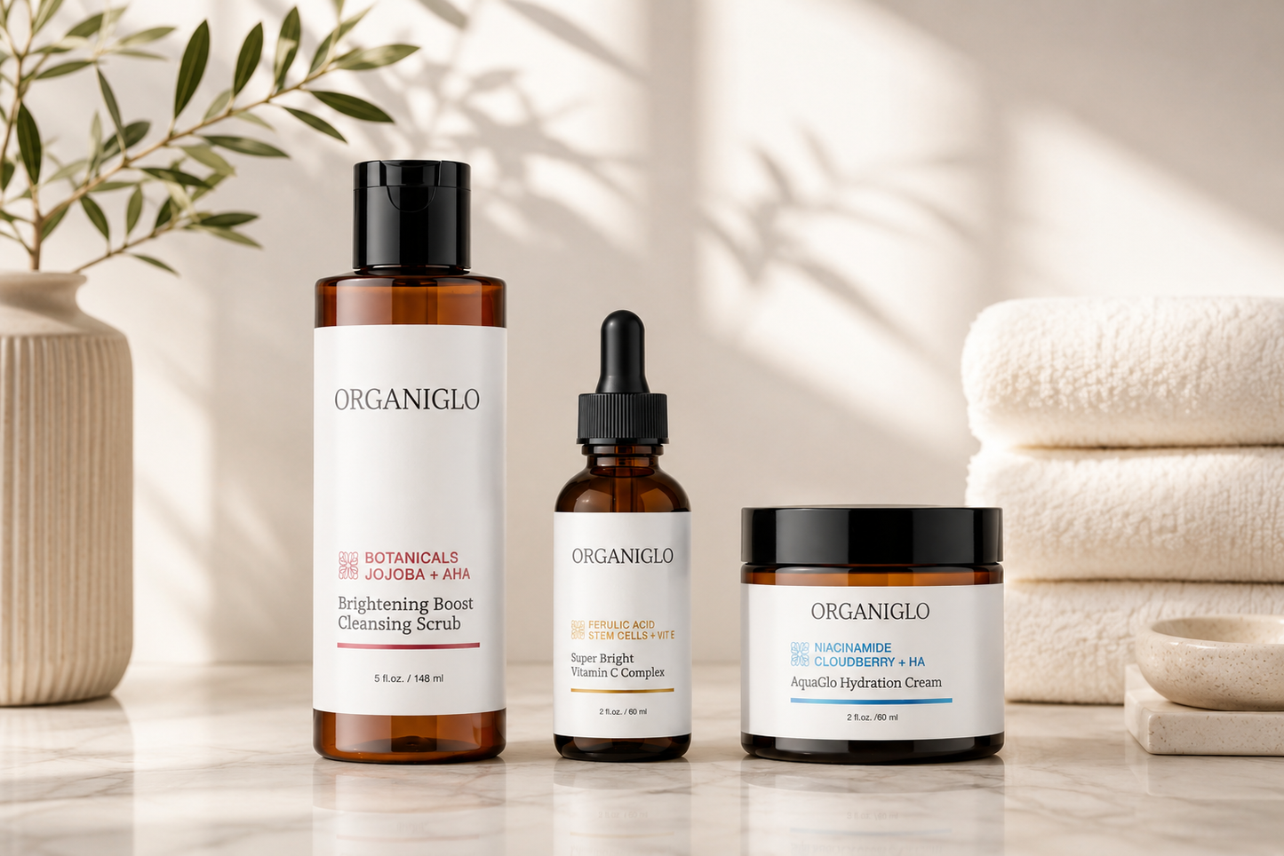 superfruit cleanser, resurfacing serum, and hydration cream on a marble ledge