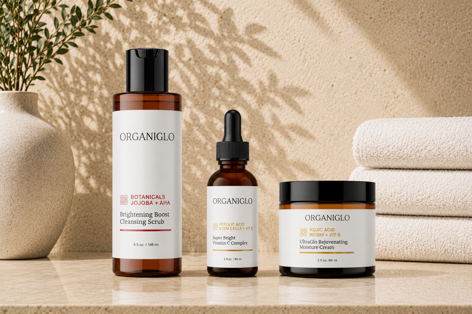 cleansing scrub, vitamin C complex, and moisture cream on a marble ledge