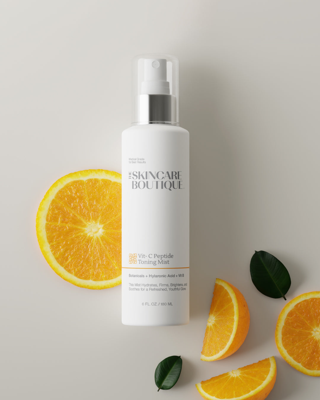 Skincare bottle labeled 'Soul Skin' with oranges and leaves on a light background