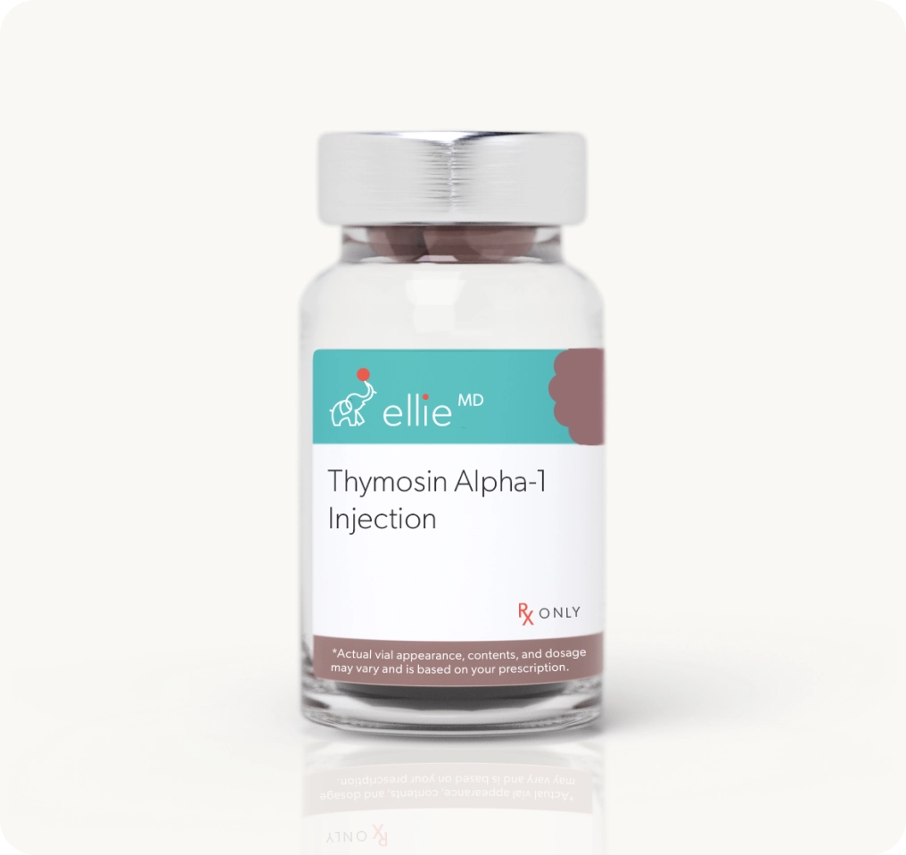 Vial labeled 'Thymosin Alpha-1 Injection' by 'ellie MD' on a white background