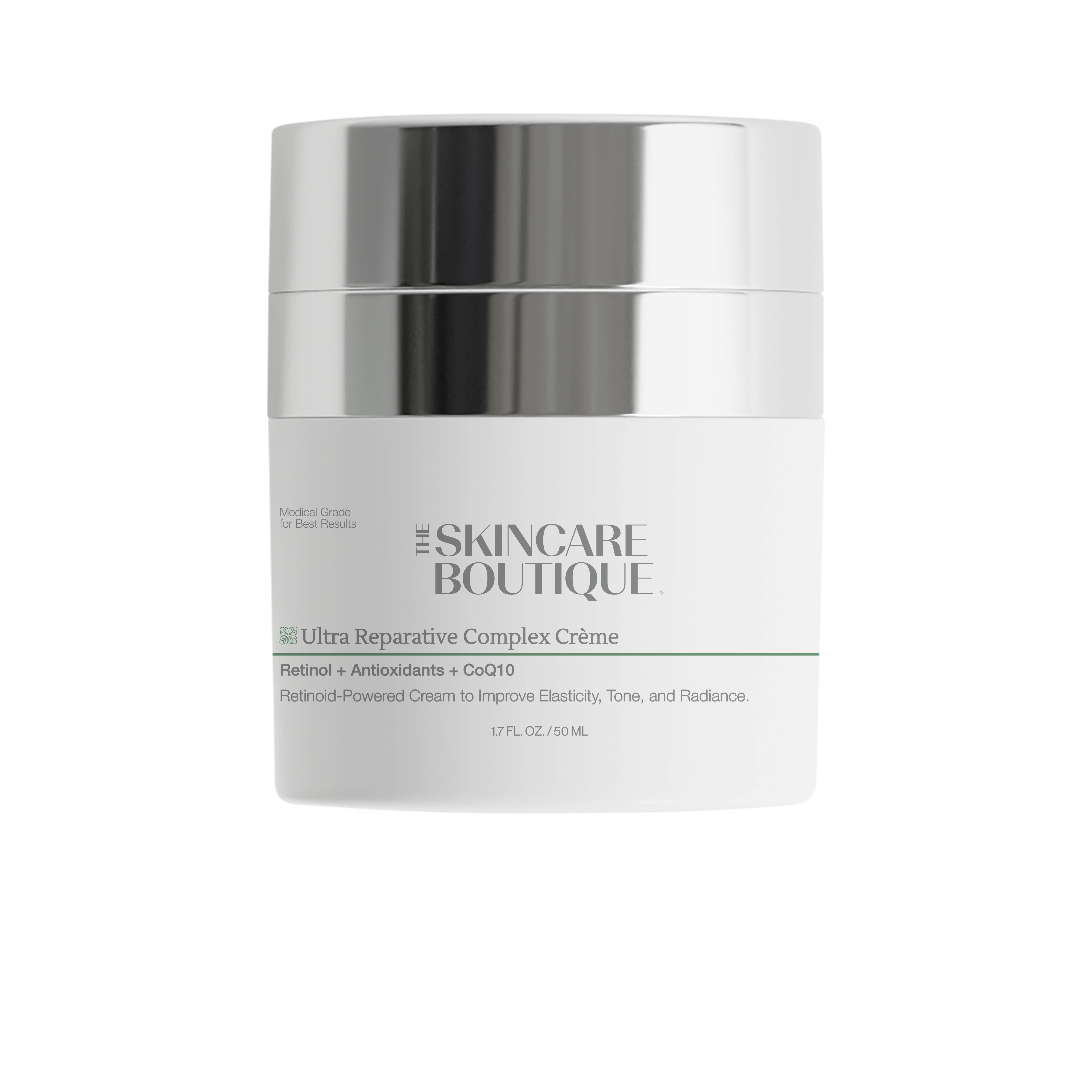 A white cosmetic cream jar with a reflective silver lid from The Skincare Boutique, set against a plain white background.