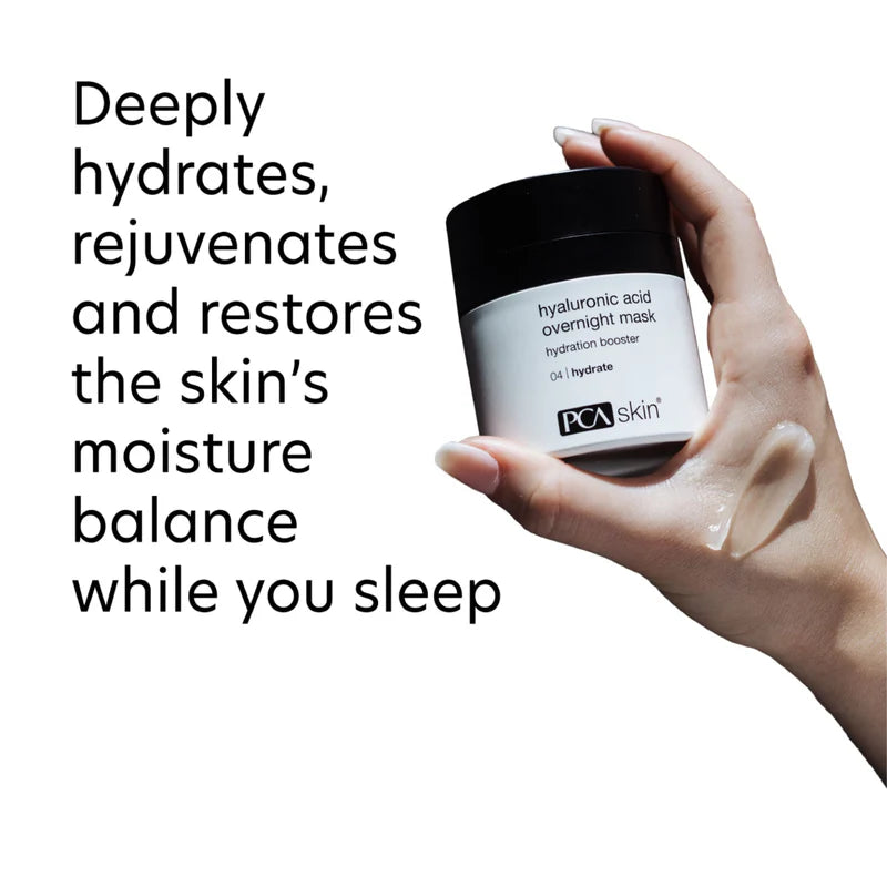 Hand holding a PCA Skin skincare product with text about skin hydration.