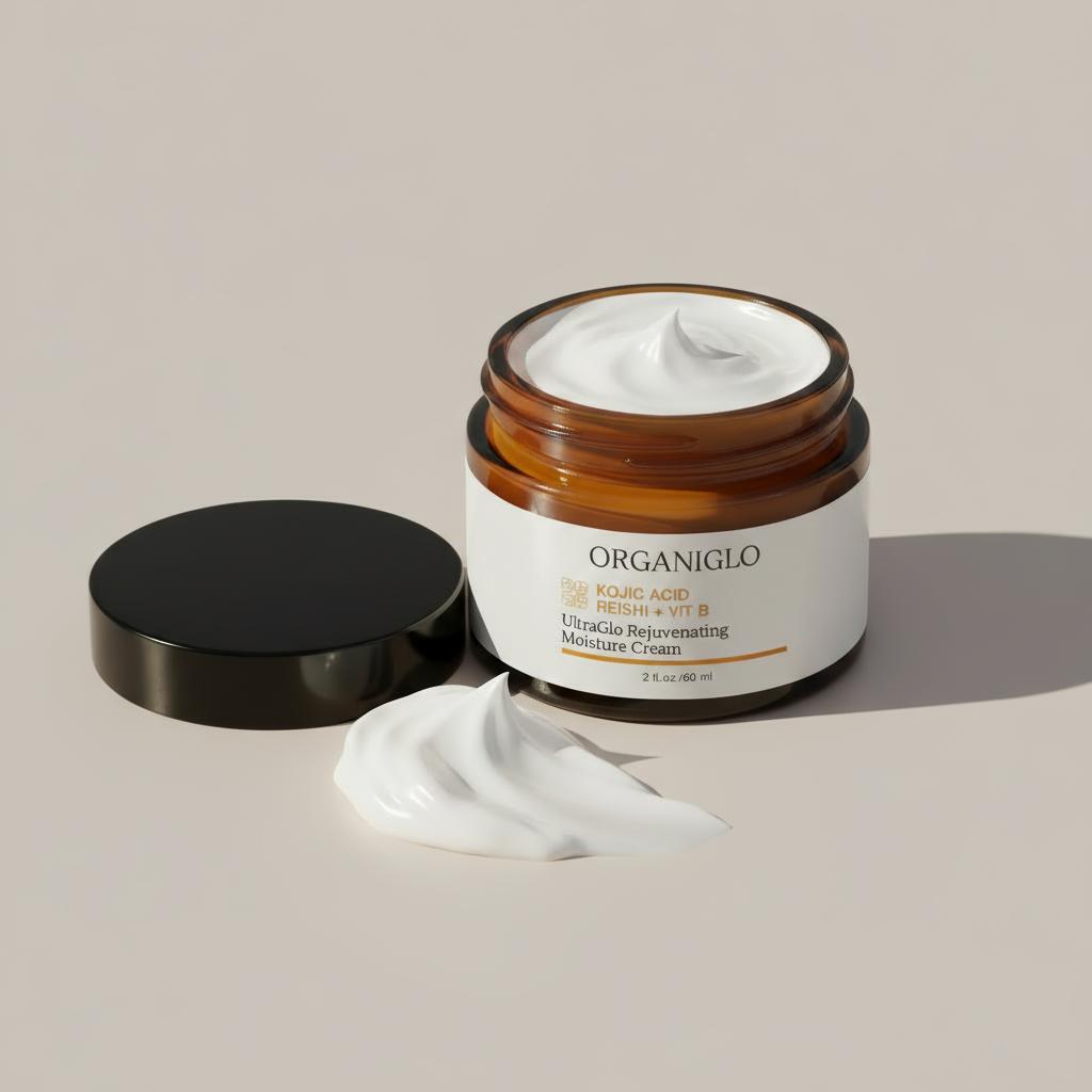 Organiglo skincare cream jar with a spoonful of cream on a beige background