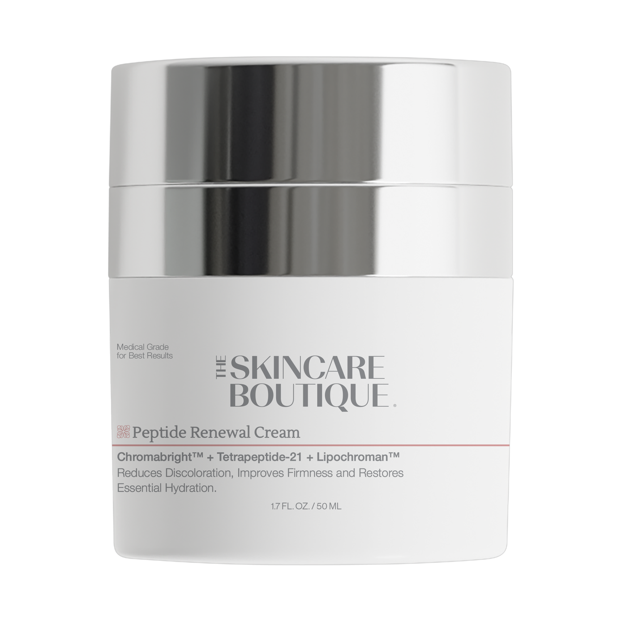 A white cosmetic jar with a reflective silver lid from The Skincare Boutique Peptide Renewal Cream, shown on a plain white background.