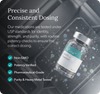 Medication vial with label on a dark background with text about precise and consistent dosing.