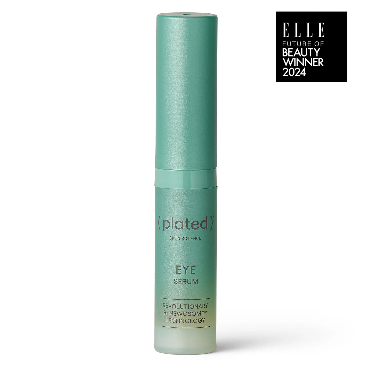 Green eye serum bottle with 'Elle Future of Beauty Winner 2024' badge on a white background