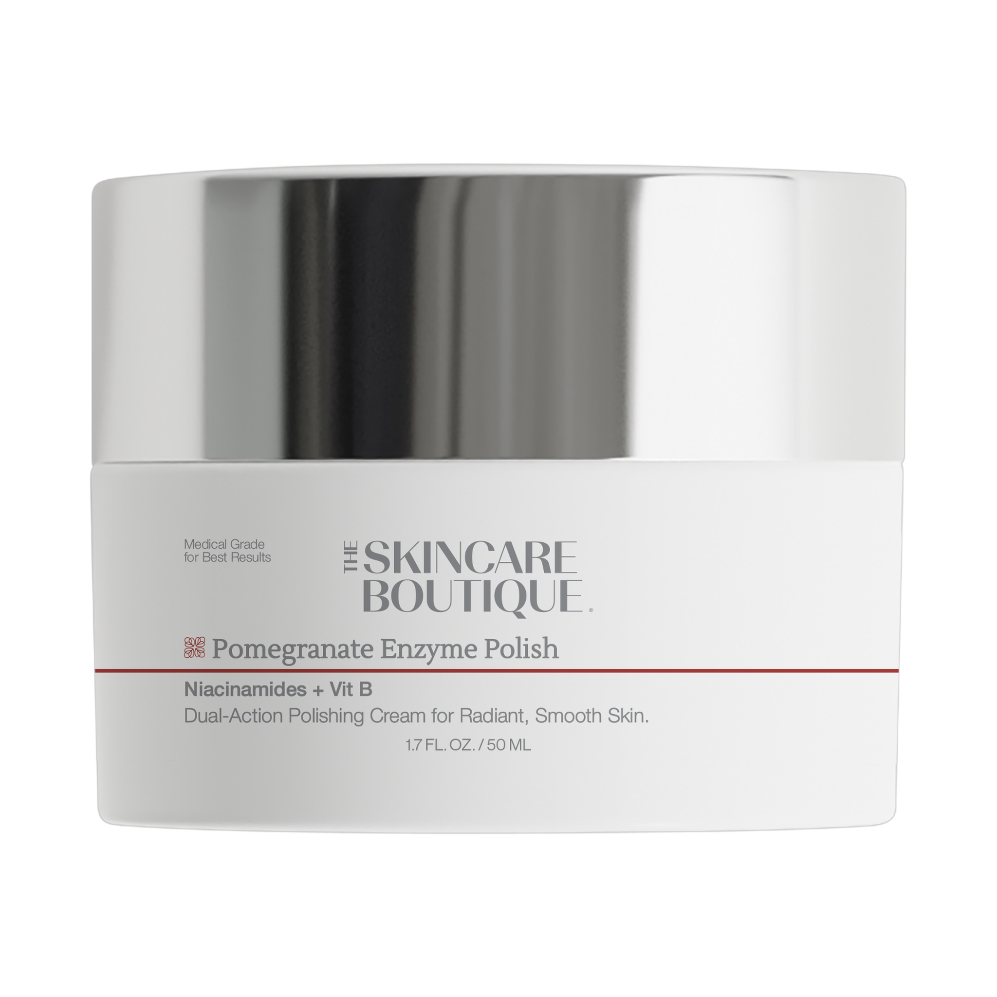 A white cosmetic jar with a reflective silver lid from The Skincare Boutique, labeled Pomegranate Enzyme Polish.