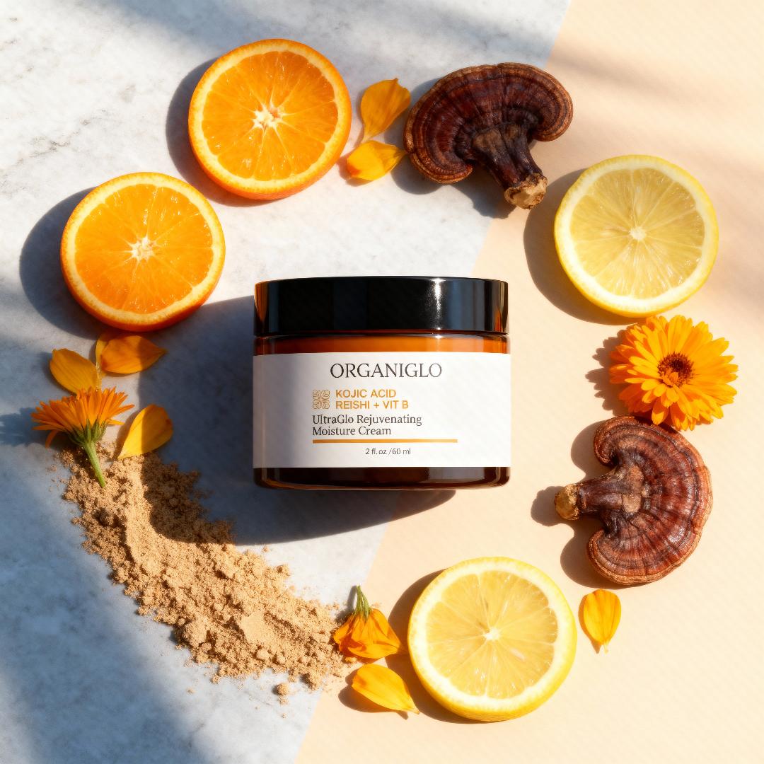 Organiglo Baux Acid Rejuvenating Cream jar surrounded by oranges, lemons, and mushrooms on a textured surface.