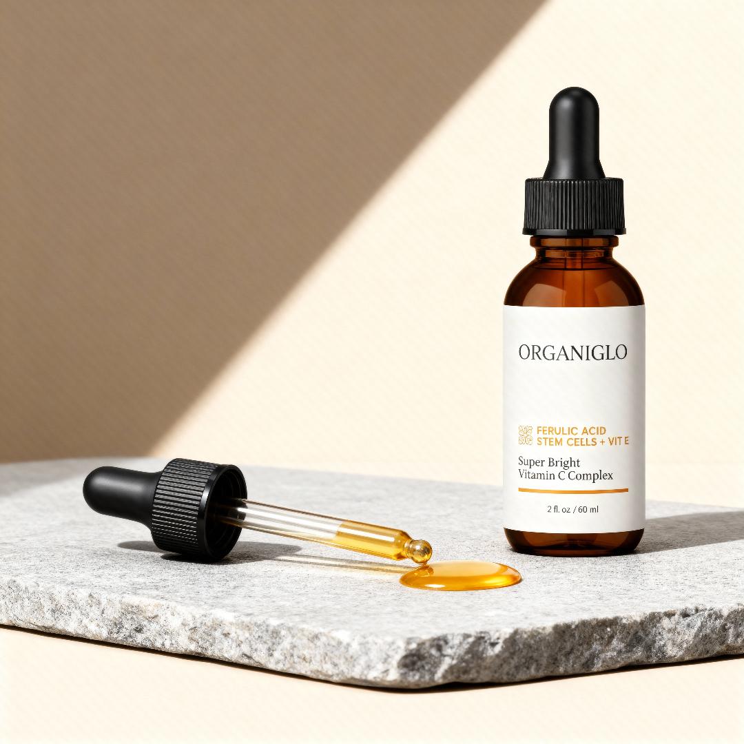 Organiglo skincare serum bottle with dropper on a marble surface